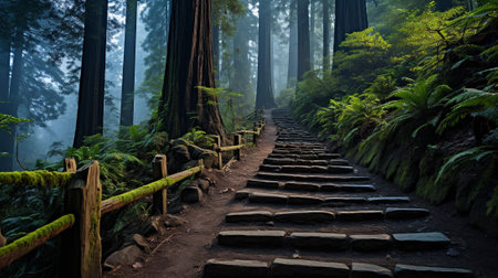 Immerse yourself in the ethereal beauty of an Ancient Redwood Forest, where time stands still amidst the towering giants. The age-old forest whispers tales of centuries past, a wonder and tranquility.の素材