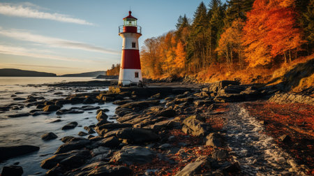 The lighthouse stands as a steadfast sentinel offering a beacon of hope amidst the coastal wilderness. The contrast between the sturdy structure of the lighthouse and surroundingsの素材