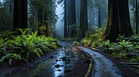 Immerse yourself in the ethereal beauty of an Ancient Redwood Forest, where time stands still amidst the towering giants. The age-old forest whispers tales of centuries past, a wonder and tranquility.の素材