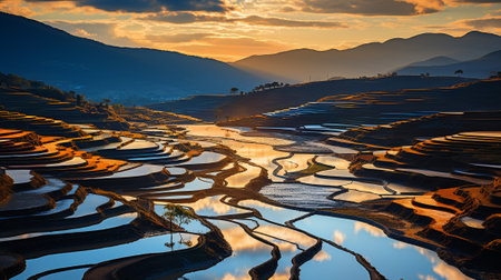 The water's serene reflections add an ethereal touch to this picturesque scene, inviting you to experience the tranquility and majesty of these agricultural marvels. glistening in the sunlight.の素材