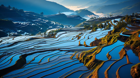 The water's serene reflections add an ethereal touch to this picturesque scene, inviting you to experience the tranquility and majesty of these agricultural marvels. glistening in the sunlight.の素材
