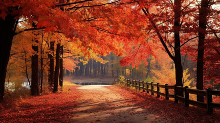 The breathtaking beauty of autumn as nature's transforms the landscape into a vivid tapestry of reds, oranges, and yellows. The leaves, ablaze with color, create a warm and inviting atmosphereの素材