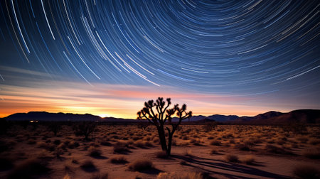 a long exposure shot of a desert landscape at night transforms into an awe-inspiring canvas of star trails streaking across the sky. all within the tranquil embrace of the desert's serene beauty.の素材