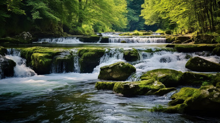 Immerse yourself in the breathtaking symphony of water as a river gracefully cascades down a mesmerizing series of rapids and waterfalls. The dynamic energy and soothing sound of rushing waterの素材
