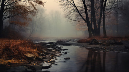 Immerse yourself in the captivating world of mist and mystery with this photograph. The landscape, shrouded in a dense blanket of fog, beckons you into a realm of intrigue and uncertainty.の素材