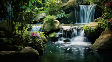 crystalline waters cascading gracefully amidst a lush tapestry of vibrant vegetation. The verdant surroundings provide a harmonious backdrop, embracing the waterfall in a tender embrace.の素材