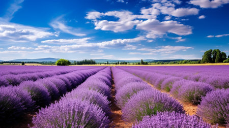 the world of lavender fields, where endless rows of delicate purple blooms stretch as far as the eye can see. the tranquility and natural beauty, as the vibrant hues of lavender dance in the breeze.の素材