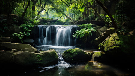 crystalline waters cascading gracefully amidst a lush tapestry of vibrant vegetation. The verdant surroundings provide a harmonious backdrop, embracing the waterfall in a tender embrace.の素材