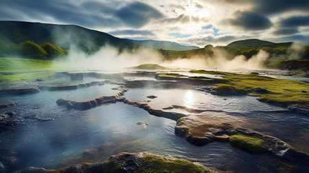 Immerse yourself in the surreal beauty of geothermal wonders as natural hot springs emerge from the earth, creating a mesmerizing contrast against the backdrop of the surrounding landscape.の素材