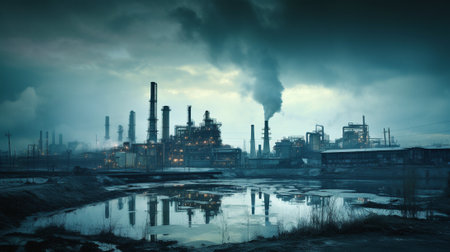 an industrial landscape featuring towering factories and intricate machinery. The juxtaposition of these man-made structures against the backdrop of the surrounding environment.の素材