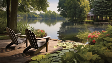 the peaceful essence of a calm lake or pond, where the water's surface mirrors the beauty of the surrounding landscape. The gentle ripples and reflections create a harmonious visual symphony.の素材