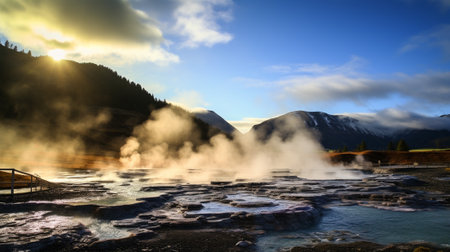 Immerse yourself in the surreal beauty of geothermal wonders as natural hot springs emerge from the earth, creating a mesmerizing contrast against the backdrop of the surrounding landscape.の素材