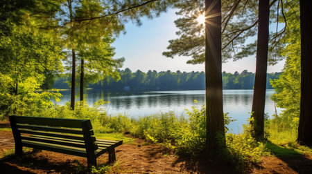 the peaceful essence of a calm lake or pond, where the water's surface mirrors the beauty of the surrounding landscape. The gentle ripples and reflections create a harmonious visual symphony.の素材
