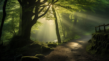 The trees stand as silent sentinels, shrouded in an air of mystery. The interplay of light and shadows lends an ethereal quality to the surroundings, draws you deeper into the heart of the woods.の素材