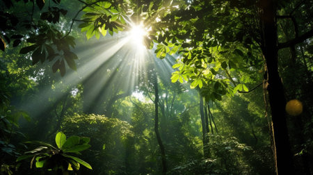 Glimpses of radiant sunlight stream through the intricate network of leaves, casting shadows that dance playfully upon the ground. The interplay of light and shadow creates an ethereal ambiance.の素材