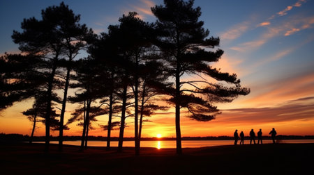 sunset silhouettes, where the vibrant hues of the setting sun. The balance between light and darkness, nature and human presence, all brought together in a breathtaking display of colors and forms.の素材
