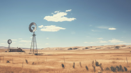 The windmills, with their rhythmic motion, seem to harmonize with the open expanse, reminding us of the enduring connection between human progress and the beauty of the natural world.の素材