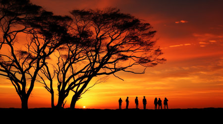 sunset silhouettes, where the vibrant hues of the setting sun. The balance between light and darkness, nature and human presence, all brought together in a breathtaking display of colors and forms.の素材