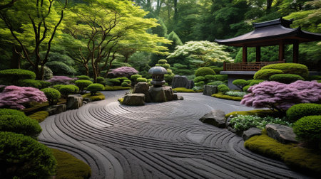Immerse yourself in the tranquil allure of a meticulously tended Zen garden. This photograph captures the essence of simplicity and serenity, showcasing a harmonious blend of nature and design.の素材