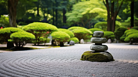 Immerse yourself in the tranquil allure of a meticulously tended Zen garden. This photograph captures the essence of simplicity and serenity, showcasing a harmonious blend of nature and design.の素材