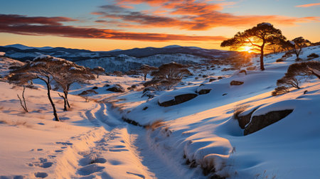 the enchanting first light of the day, casting a warm, golden glow over a pristine snow-covered mountain range. This stunning winter landscape for your screen with its serene and majestic allureの素材