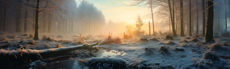 the breathtaking beauty of a winter wonderland with this stunning panoramic forest landscape photograph. The tranquil snow-covered trees and serene atmosphere create a truly enchanting sceneの素材
