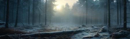 the breathtaking beauty of a winter wonderland with this stunning panoramic forest landscape photograph. The tranquil snow-covered trees and serene atmosphere create a truly enchanting sceneの素材