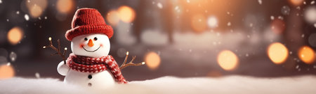 a charming snowman set against a picturesque Christmas winter background. The blurred bokeh adds a dreamy touch. Let the festive ambiance brighten your day and fill your heart with holiday cheer.の素材