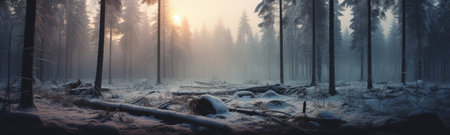 the breathtaking beauty of a winter wonderland with this stunning panoramic forest landscape photograph. The tranquil snow-covered trees and serene atmosphere create a truly enchanting sceneの素材