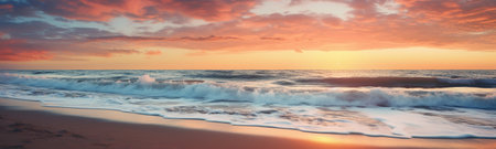the breathtaking beauty of a panoramic beach landscape at sunset. the vivid colors and tranquil ambiance of a coastal sunset, creating the perfect wall art or background for your creative projects.の素材