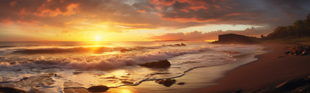 the breathtaking beauty of a panoramic beach landscape at sunset. the vivid colors and tranquil ambiance of a coastal sunset, creating the perfect wall art or background for your creative projects.の素材