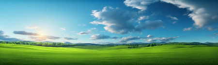a panoramic lush green grass meadow. This breathtaking landscape captures the essence of nature's serenity. The rolling hills and verdant expanse are a sight to behold, providing a refreshing.の素材