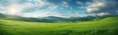 a panoramic lush green grass meadow. This breathtaking landscape captures the essence of nature's serenity. The rolling hills and verdant expanse are a sight to behold, providing a refreshing.の素材