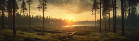 a panoramic forest landscape at sunset. The enchanting hues of the setting sun painting the sky, illuminating the lush forest in a mesmerizing display of colors. Let nature's tranquility and unfoldの素材