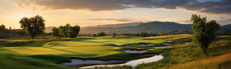 a panoramic golf course in this stunning photograph. The natural landscape and lush greens come together to create a serene escape for golf enthusiasts and nature lovers alike. the tranquilityの素材