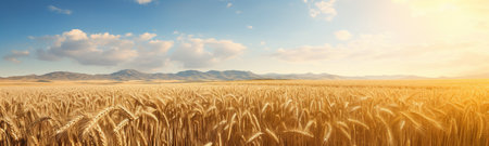 a sun-kissed golden wheat field panoramic photograph. The vibrant hues and expansive landscape will transport you to the heart of nature, where the warmth of the sun meets the golden waves of wheatの素材