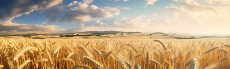 a sun-kissed golden wheat field panoramic photograph. The vibrant hues and expansive landscape will transport you to the heart of nature, where the warmth of the sun meets the golden waves of wheatの素材