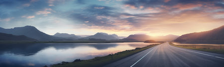 a panoramic lake and winding road at sunset. The tranquil waters reflect the warm hues of the setting sun, creating a mesmerizing and serene landscape that's perfect for relaxation and inspirationの素材