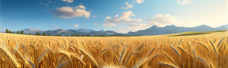 a sun-kissed golden wheat field panoramic photograph. The vibrant hues and expansive landscape will transport you to the heart of nature, where the warmth of the sun meets the golden waves of wheatの素材