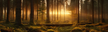 a panoramic forest landscape at sunset. The enchanting hues of the setting sun painting the sky, illuminating the lush forest in a mesmerizing display of colors. Let nature's tranquility and unfoldの素材