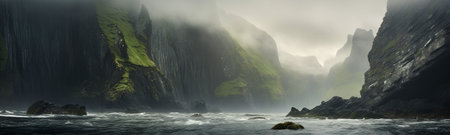 the Mystical Isle, where dramatic cliffs rise majestically from the sea, revealing hidden coves and seascapes veiled in mist. the interplay of mist and cliffs, creating a mysterious atmosphere.の素材