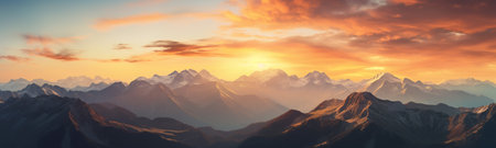 beauty of a vast mountain range bathed in the warm hues of the golden hour. This panoramic photograph skillfully captures the majestic peaks and serene valleys as the sun dips below the horizon.の素材