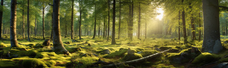 the serenity of panoramic forest scenes, where lush woodlands unfold in layers of greenery. the intricate play of light filtering through the foliage, creating a harmonious of shadows and sunbeams.の素材