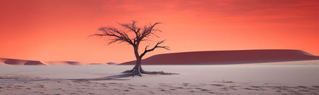 contrast between the fiery red sand dunes and a desolate white pan adorned with ancient trees. Experience the magical transformation of the landscape during dawn and dusk under the clear night skies.の素材