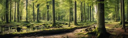 the serenity of panoramic forest scenes, where lush woodlands unfold in layers of greenery. the intricate play of light filtering through the foliage, creating a harmonious of shadows and sunbeams.の素材