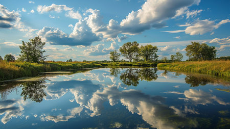 cloudscape photography seamlessly integrating the enchanting reflections of clouds in serene water surfaces. add a captivating layer of visual interest to compositionsの素材