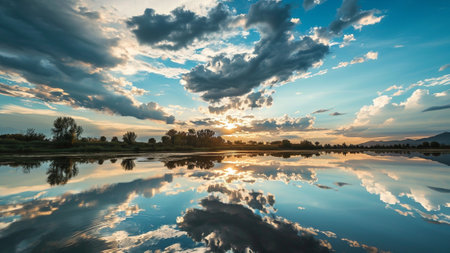 cloudscape photography seamlessly integrating the enchanting reflections of clouds in serene water surfaces. add a captivating layer of visual interest to compositionsの素材