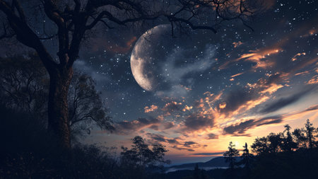 Starry Serenity, a cloudscape photograph that blends the dance of clouds with celestial elements. Experience the enchanting soft glow of a crescent moon and the mesmerizing sparkle of distant starsの素材
