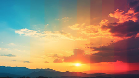 the warmth of sunrise and sunset hues, transitioning seamlessly to the cool tones of midday. Discover the artful use of subtle gradients, evoking a sense of wonder in every phase of the day.の素材