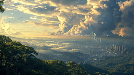 mesmerizing cloudscapes enhanced by captivating skylines. Whether it's the urban charm of cityscapes, the serene beauty of mountain ranges, or the tranquility of landscapes, the ethereal cloudscapeの素材